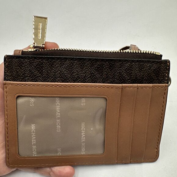 Michael Kors Wristlet Card Case Coin Purse Brown Logo Zip Small Wallet No Strap - Picture 4 of 8